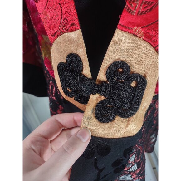 Vintage Spencer Alexis S Black Red Velvet Burnout Blouse Kimono Embroidered Lace - Picture 4 of 6